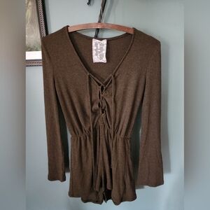 Sadie And Sage Tie-Front Ribbed Knit Jumper Olive Brown